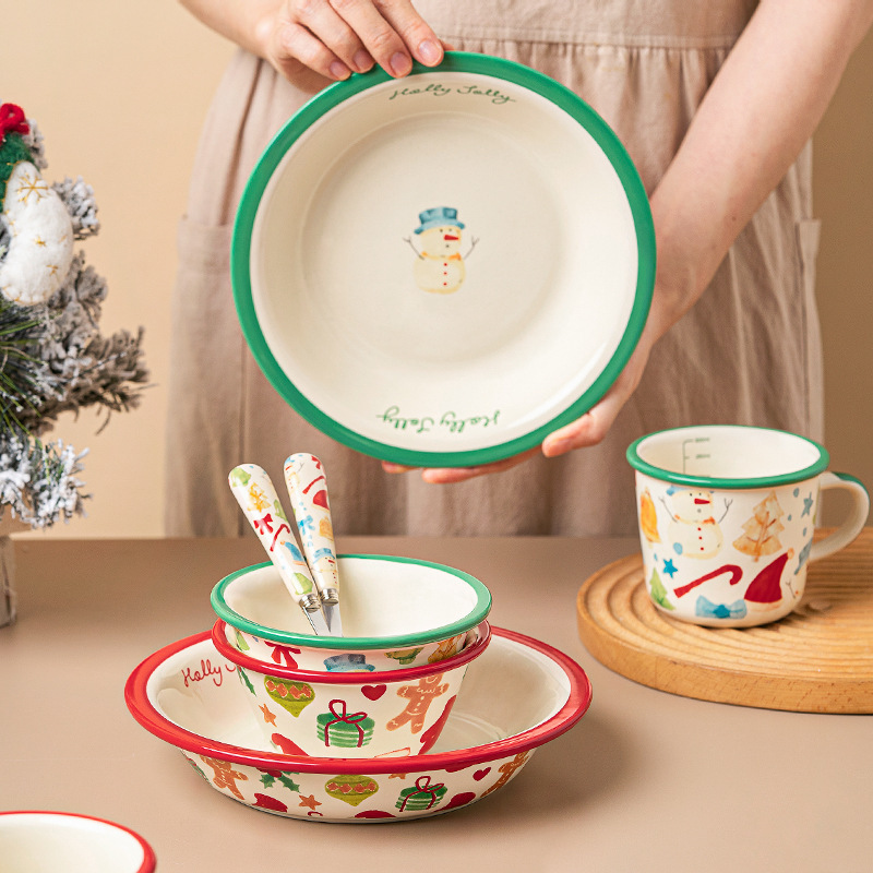Tide Bai Christmas Atmosphere Ceramic Mug Rice Bowl Dinner Plate suit Gift High Beauty Value ins Style Salah Bowl Soup