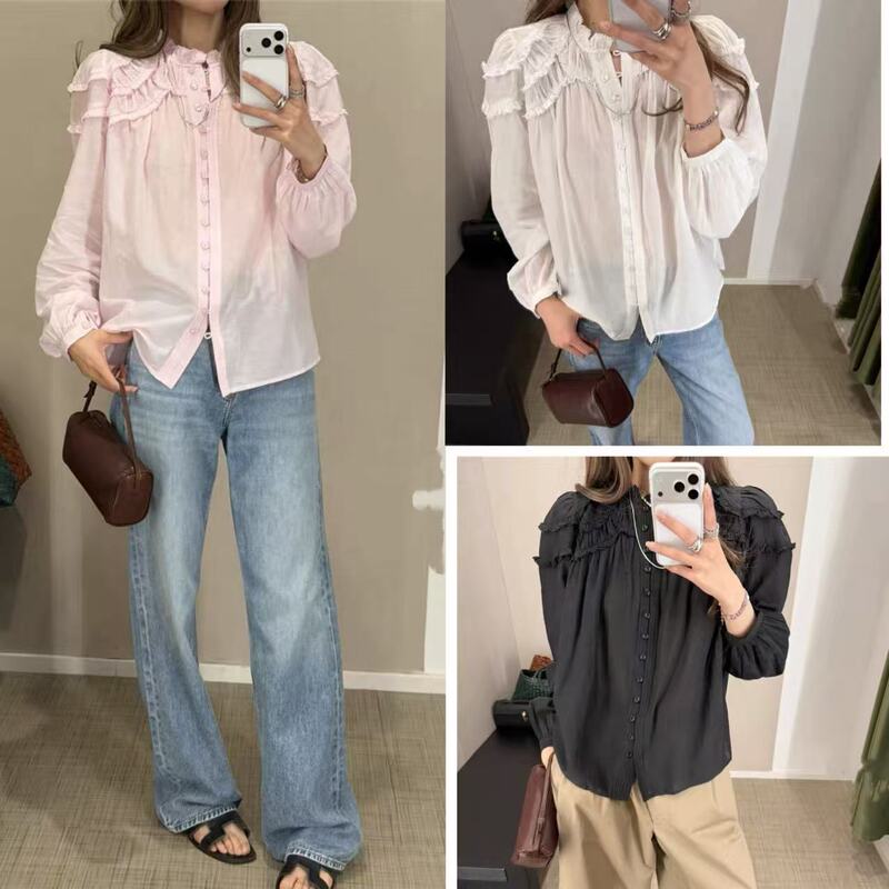 French-Style Niche 26-Year-Old Brand's New Spring/Summer Collection: Exquisite Craftsmanship, Ruffled Pleated Puff Sleeves, Round Neck, Versatile Shirt Top