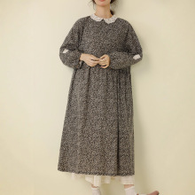 日系森女文艺印花棉麻长袖连衣裙宽松百搭刺绣娃娃领套头长裙