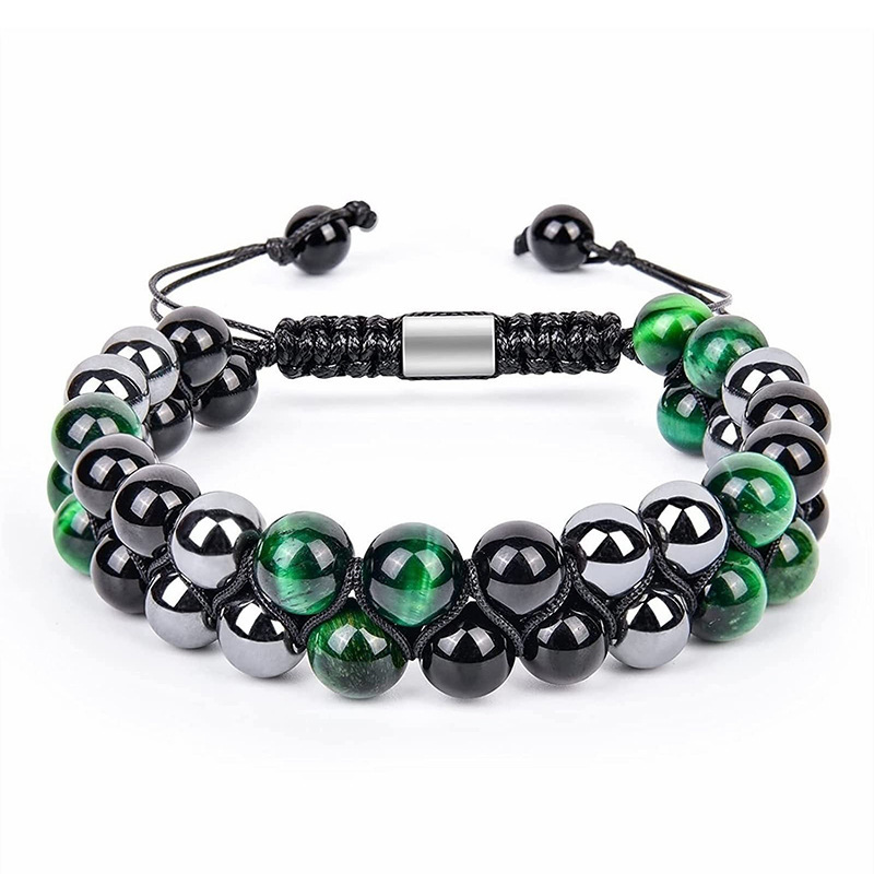 Amazon Venta caliente 8mm Tigre ojo Piedra Negro imán pulsera doble capa tejida Piedra Natural yoga pulsera de cuentas para hombres