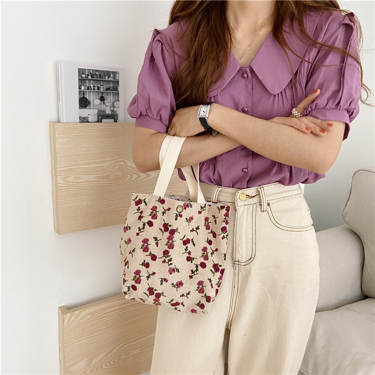0571 Literary Corduroy Lunch Box Bento Bag Cute Daisy Print Handheld Storage Bag Handheld