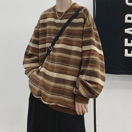 Retro Striped Men's Spring Trendy Versatile Loose Crew Neck Top Korean Style Streetwear Casual Hooded Sweatshirt