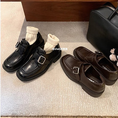 グレープママと同じスタイル 音楽学生～アミウ ファンデーションヒール バックル付き チャンキーヒール レディース レザーシューズ ローファー