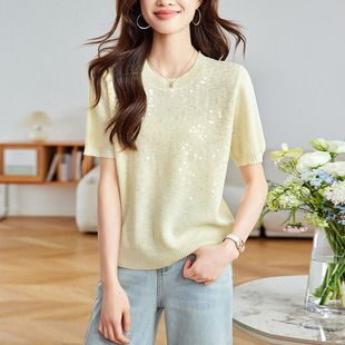 2025 Summer New Arrival Sequin Loose Short Ice Silk Knitted Top Women's T-shirt Small Shirt Round Neck Short Sleeve T-shirt for Women