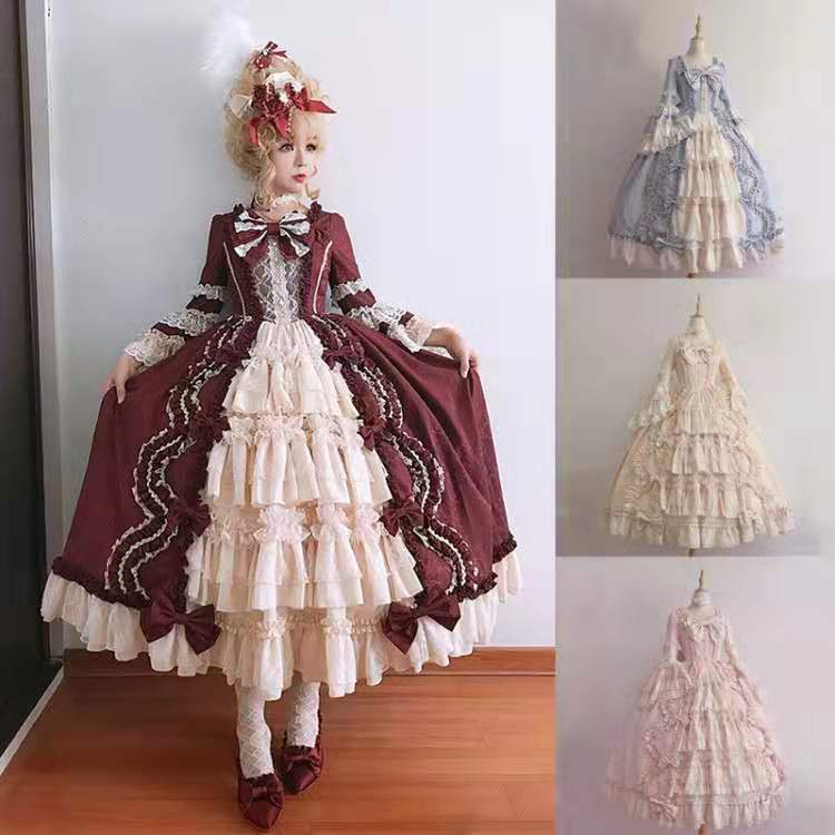 Cross-Border Women's Autumn Cosplay Princess Dress Bow Lace Chiffon Splicing Lolita Tutu Dress