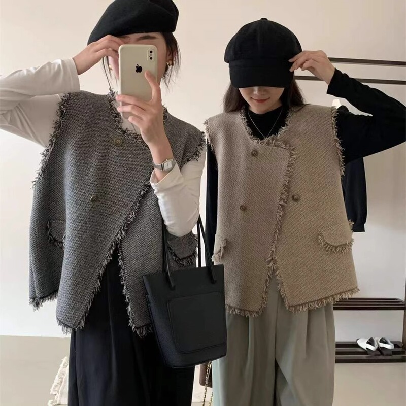 Mink velvet Chanel style tassel knitted vest coat loose all-match stacked plus size women's knitted cardigan vest