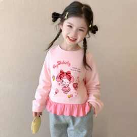 2026女宝宝中大童春秋新款美乐蒂印花拼接花边上衣女童洋气上衣裙