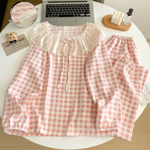 Dedicated to Korean Version Sweet High Collar Lace Edge Women's Spring and Autumn Outerwear Home Dress Set