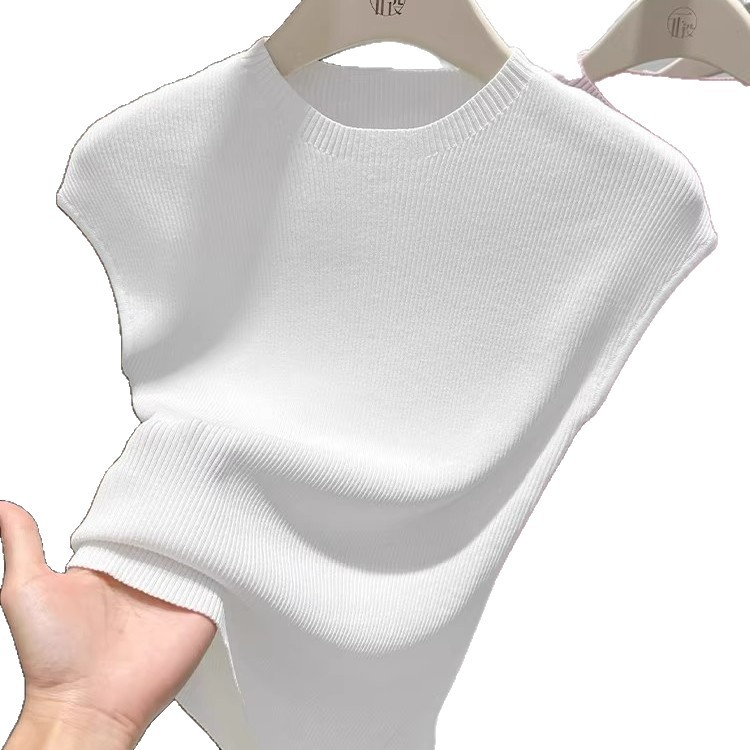 Women's Slim-Fit Short Sleeve Top Ice Silk Cropped Tee Soft Stretchy Casual Shirt for Summer with Flutter Sleeves_ecoleips.com