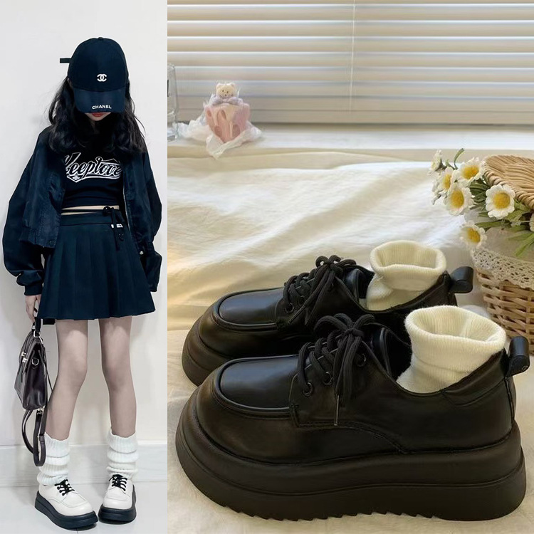 Girls' muffin thick-soled British leather shoes 2025 spring and autumn new cuchk children's girls' fleece-lined lace-up four seasons performance shoes