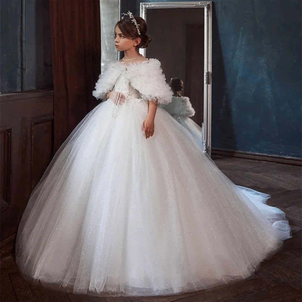 Light Luxury Socialite Style Girl's White Small Train Puffy Tulle Dress Wedding Little Flower Girl Outfit_voghion.com