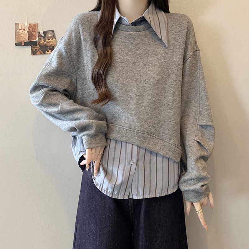 Fake Two-Piece Striped Shirt Spliced with Sweatshirt for Women, Spring and Autumn 2026 Korean Style New Design Long-Sleeve Base Top Fake Two-Piece Striped Shirt Spliced with Sweatshirt for Women, Spring and Autumn 2026 Korean Style New Design Long-Sleeve Base Top
