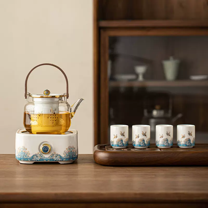围炉煮茶玻璃提梁壶大容量泡茶壶海浪煮茶套装商务礼品节庆伴手礼