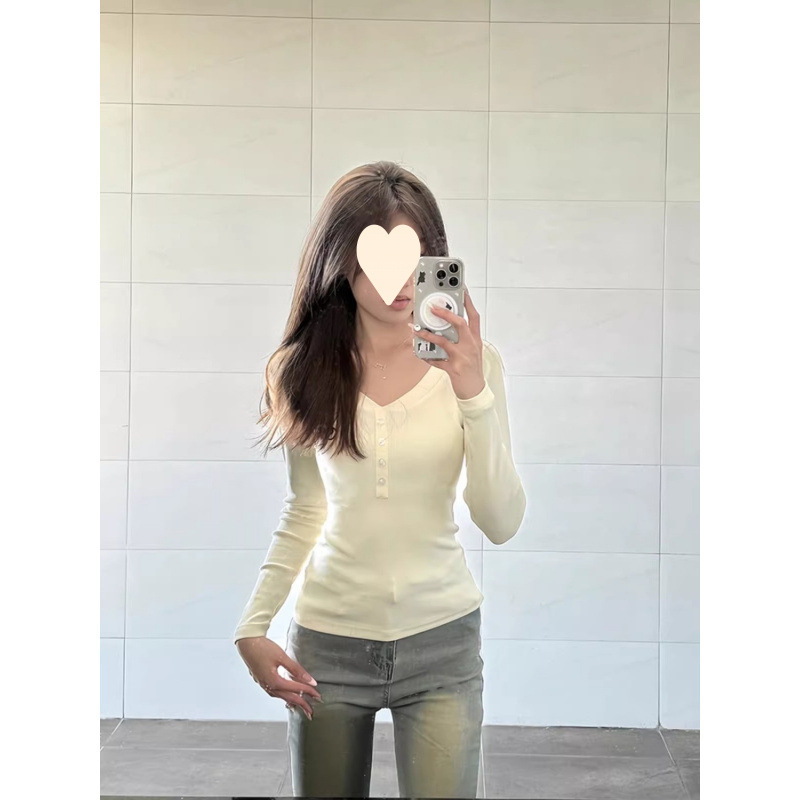 아메리칸 스타일 핫 걸 V 넥 어깨 긴팔 티셔츠 여성용 가을과 겨울 하이 엔드 내베이스 셔츠 슬림 핏 슬리밍 쇼트 탑