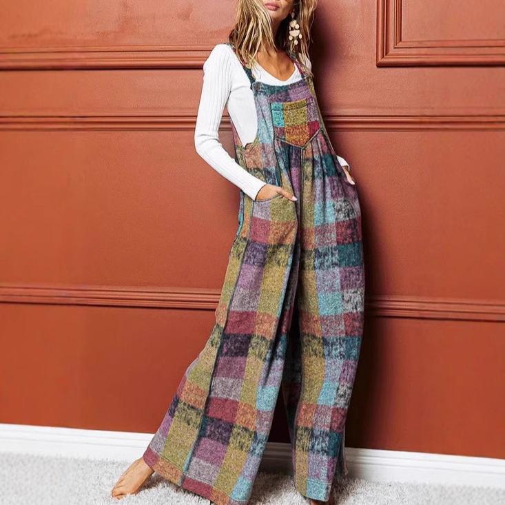 2026 Amazon Cross-Border European and American New Style Women's Jumpsuit Multi-Color Fleece Plaid Wide-Leg Cargo Pants