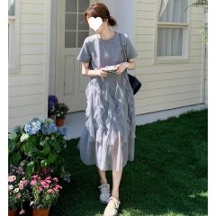 ファッショナブルなフレンチAラインスカート綿/綿スカート2025気質夏の新しいゆったりとした肉感のあるドレス大きいサイズ半袖スカート