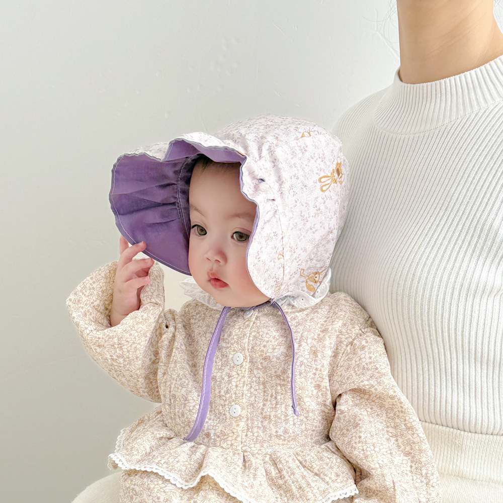 Sombrero de sol informal para niños con protección UPF 50+, de 3 meses a 1 año, doble cara para rostro y cuello, estilo coreano, estampado floral, ala ancha, resistente al viento._voghion.com