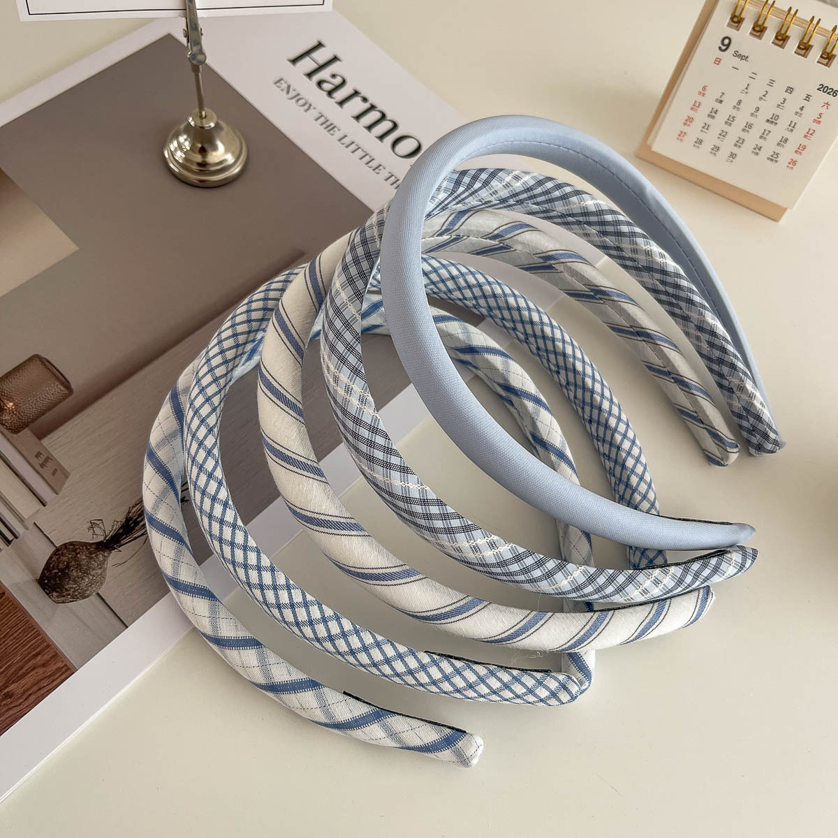 Fresh and Simple Salt Blue Fine-Striped Plaid Headband, Basic Everyday High-Top Hairband, College Style Women's Hair Accessory