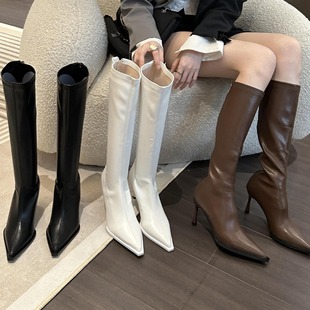 European and American Style Pointed Head Slim-less Knee-less Boots Women's 2024 Thin Heel High Boots Back Zipper High Heel Thin Boots