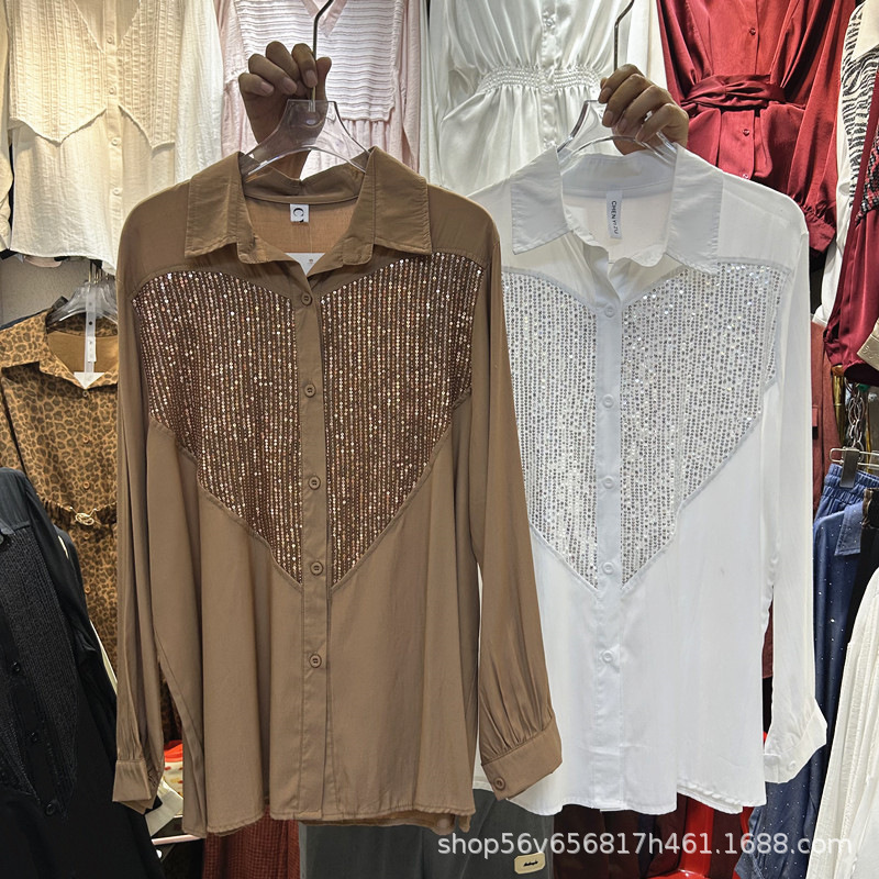 European Design Sequin Heart Loose Long-Sleeved Shirt for Women Early Autumn New Versatile Fashion Trendy Top Korean Version