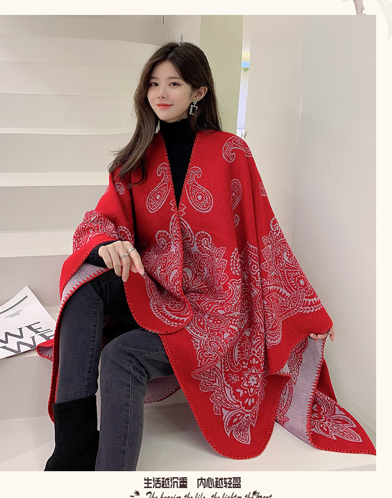 Ethnic Slit Scarf Cashew Thickened Warmth Double-sided Cape display picture 1