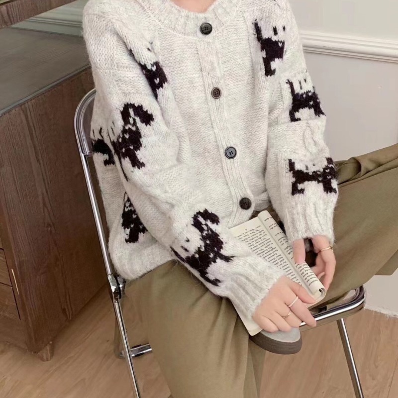 회색 강아지 스웨터 코트 여성의 가을과 겨울 두꺼운 짧은 느슨한 작은 게으른 하이 엔드 니트 카디건 이른 가을
