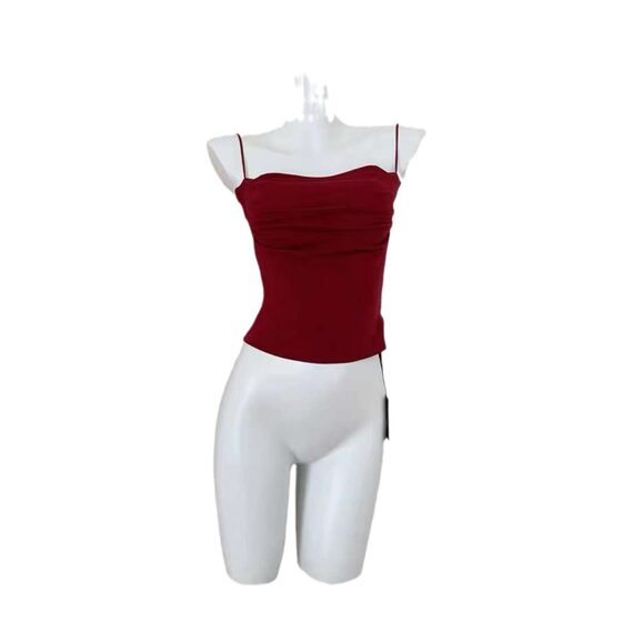 9110# rayon cotton one-line collar pleated design camisole women's chest pad outer wear inner slim fit versatile top