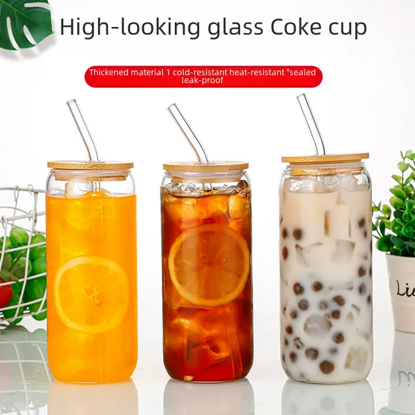 Amazon High Borosilicate Glass Cup, Transparent Glass Straw Cup, High Temperature Resistant Cola Cup, Bamboo Lid, Summer Juice Cup