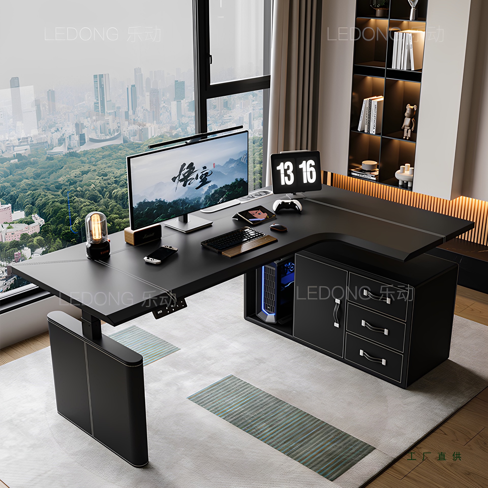 转角电动升降桌l型拐角电脑桌带储物马鞍皮电竞书桌办公桌可定 制