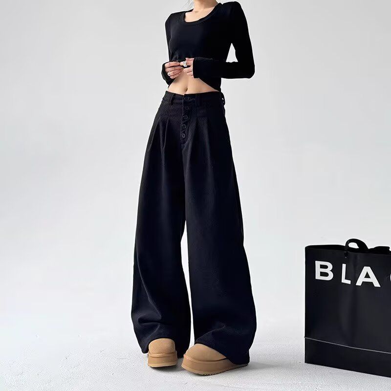 American Style Retro Design Sense Casual Pants Women's 2024 Spring and Autumn Single-breasted Pleated Loose Draped High-end Sense Wide-leg Trendy Pants