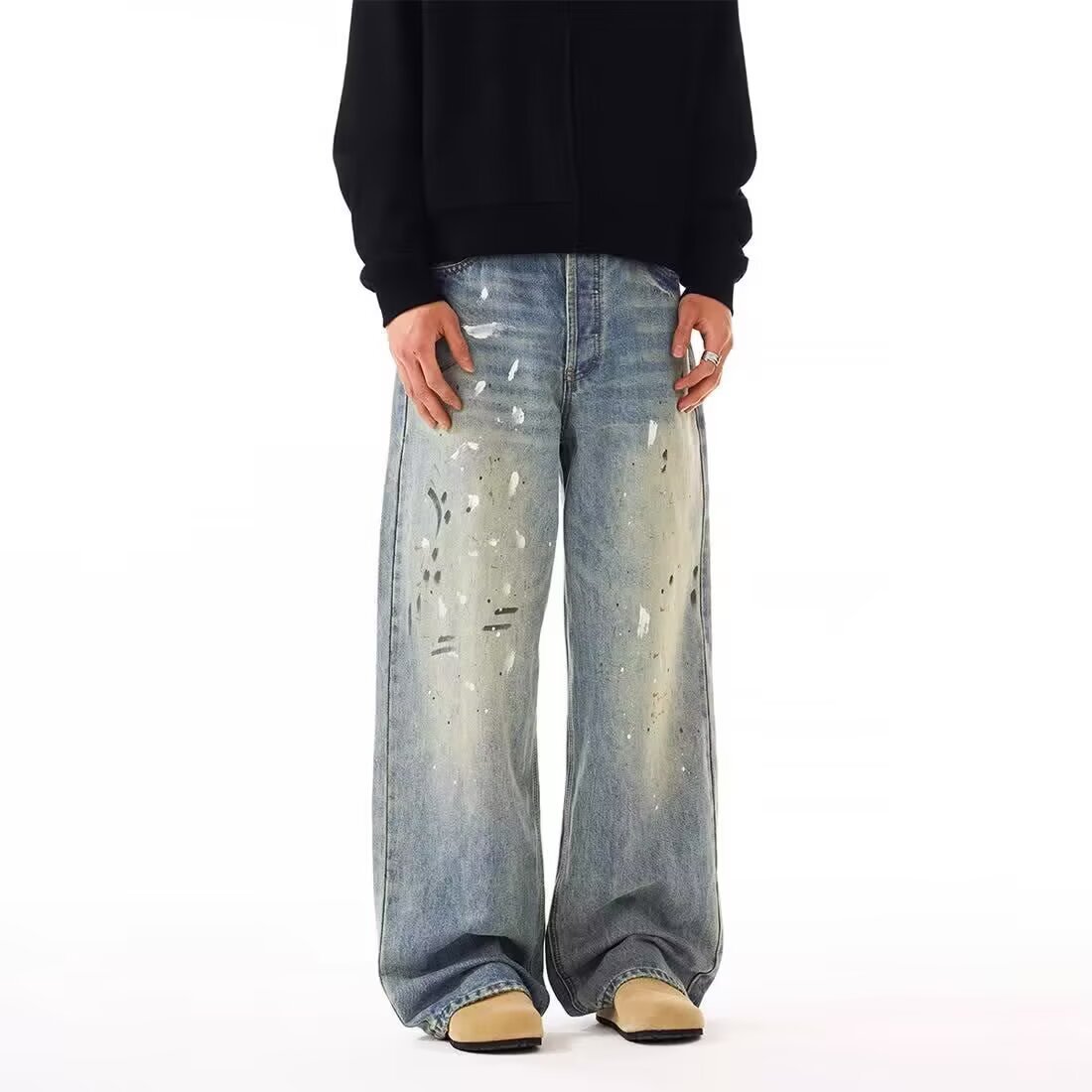 Men's Clothing Men's Retro Trendy Ink Splatter Wash Distressed Loose Straight Leg Wide Leg Jeans Versatile Casual Commuting Pants_mkmklike.com