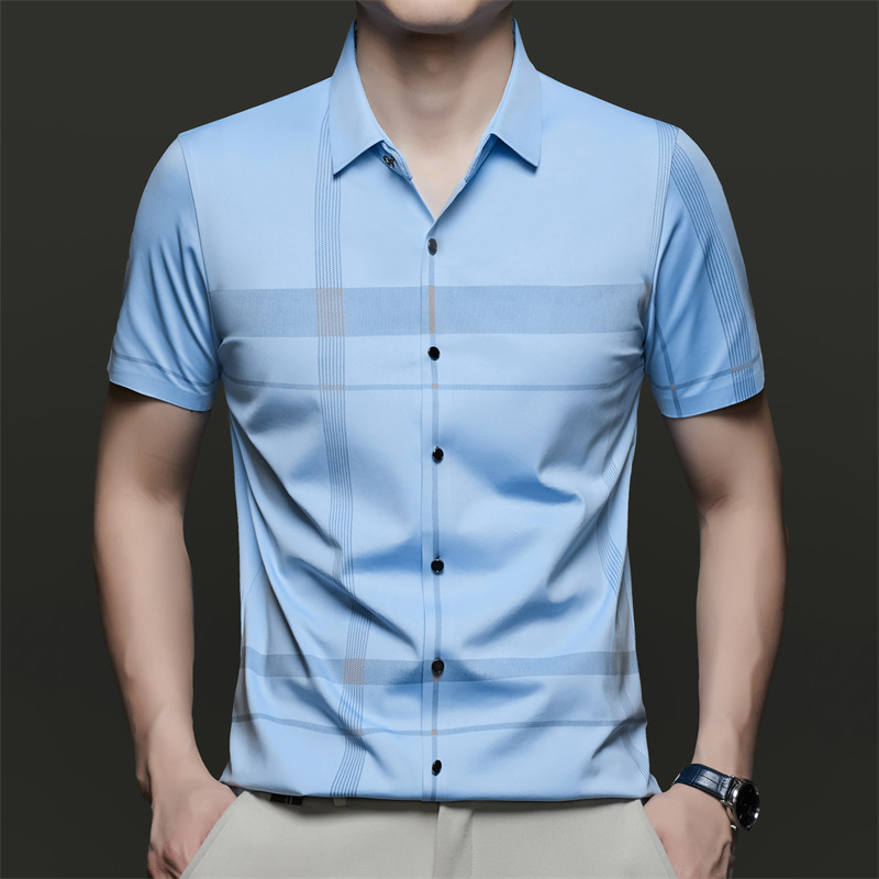Summer New Elastic Short-Sleeved Shirt Business Young Men's Urban Shirt Plaid Single T-Shirt Lapel Thin Style