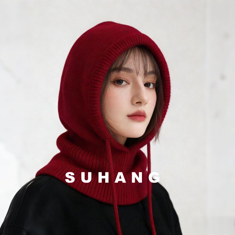 Pure Wool Hooded Balaclava Hat for Women, Winter Warm Angora Red Knitted Wool Hat with Neck Cover Pure Wool Hooded Balaclava Hat for Women, Winter Warm Angora Red Knitted Wool Hat with Neck Cover