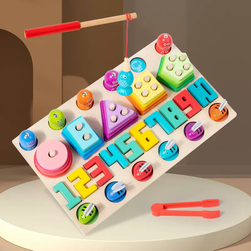 蒙氏早教四合一多功能几何套柱数字形状配对钓鱼游戏宝宝益智玩具