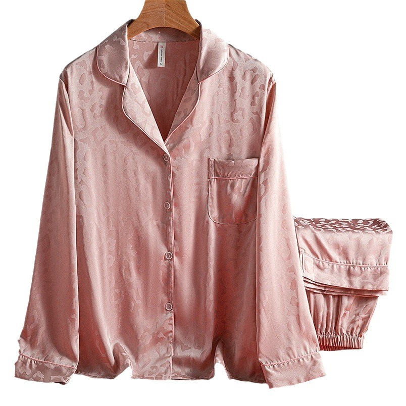 Pijamas mujer primavera y otoño seda de hielo manga larga solapa estampado de leopardo traje jacquard versión coreana de color sólido simple servicio a domicilio para damas 1109