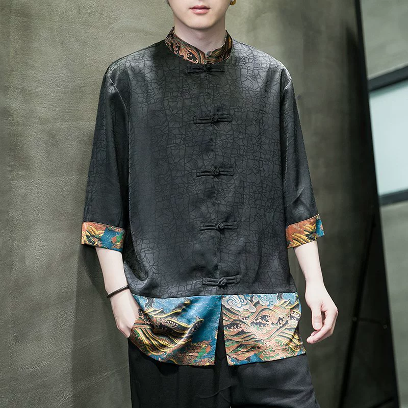 Мужской костюм Тан, летняя тонкая рубашка из ледяного шелка с короткими рукавами в китайском стиле, антикварный костюм Zhongshan, большой размер, улучшенная династия Хань