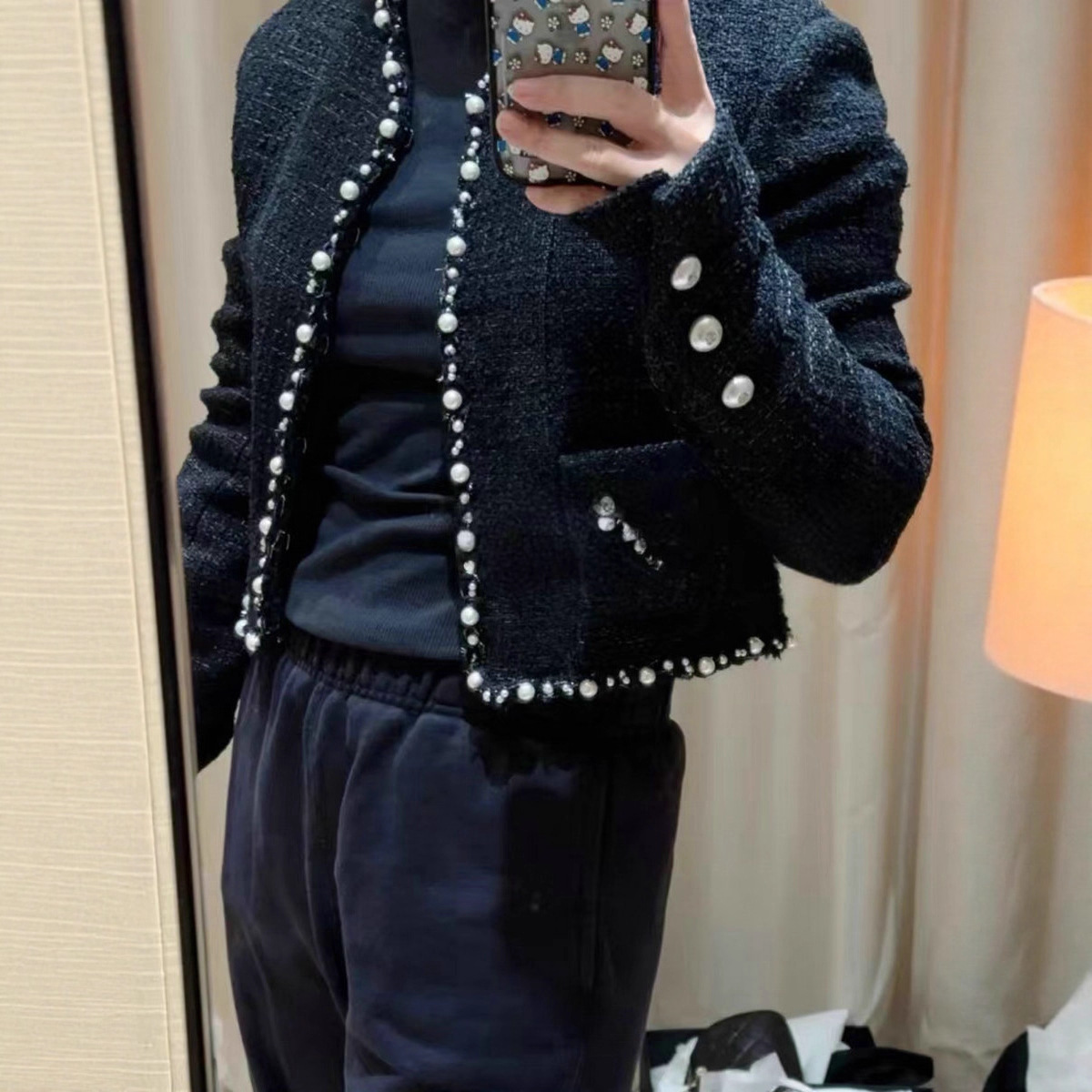 Black Chanel-Style Jacket for Women with a Sense of Design, Contrasting Color, Beaded Lace, Socialite Temperament, Tweed Short Cardigan Top