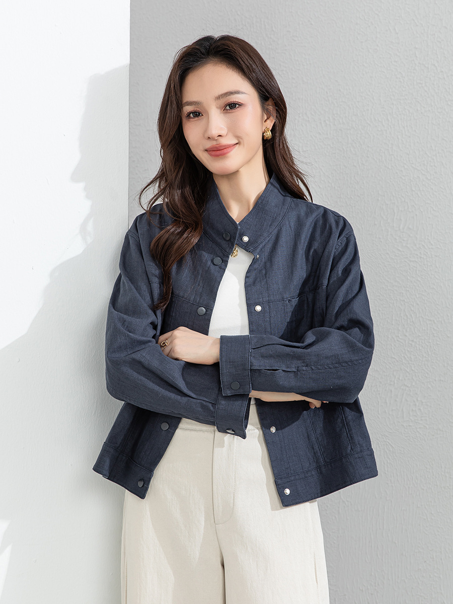 Áo khoác nữ dáng dài cổ đứng tay dài phong cách Hàn Quốc chất liệu ramie cotton thoáng mát — Xám xanh