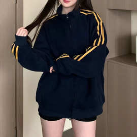美式潮牌三条杠织带外套运动风女拉链开衫卫衣立领宽松24秋季新款