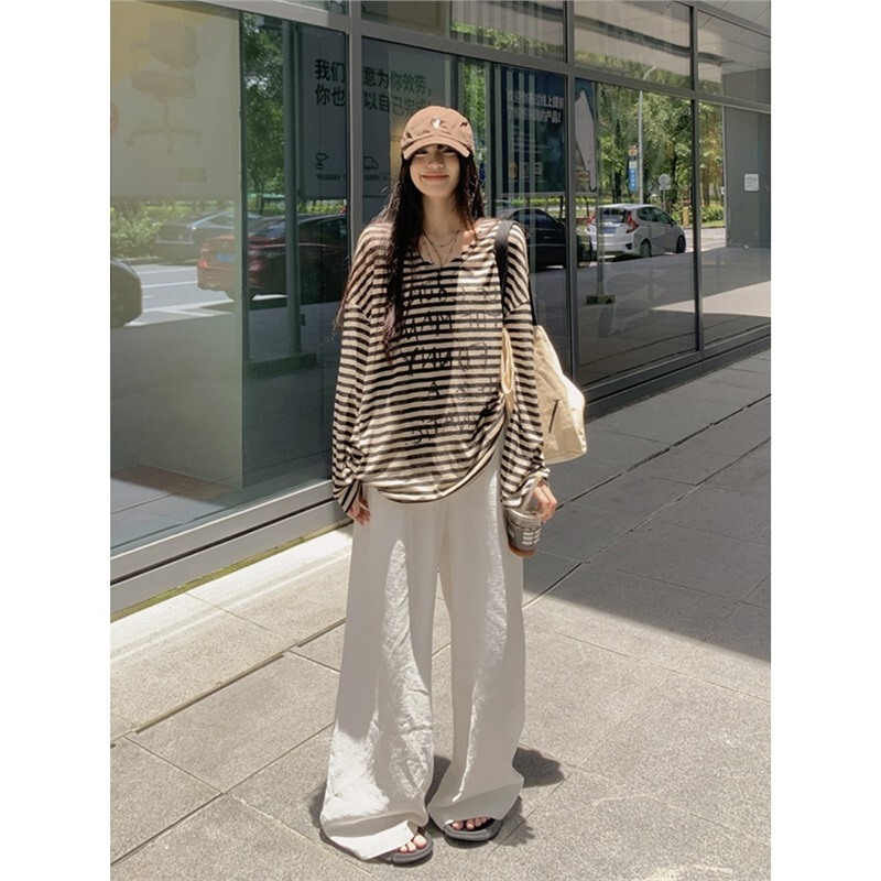 Striped Printed Letter Sun Protection T-Shirt for Women, Summer Relaxed and Lazy Style Air Conditioning Shirt, Mid-Length Top, Fashionable and Versatile