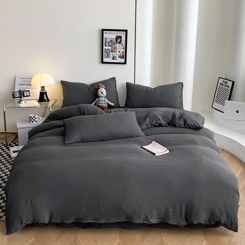Cross-Border Ultra-Soft Wrinkled Washed Cotton Solid Color Double Quilt Cover Single Taiwan Bed Bag Bed Sheet Three or Four Sets Factory Wholesale