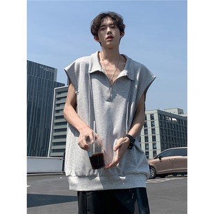 Half-Zip Lapel Vest Men's Summer American Fashion Brand Retro Loose Top Cleanfit Sleeveless Waistcoat T-Shirt