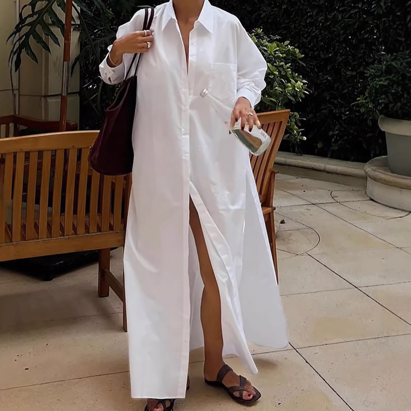 Cross-Border Foreign Trade Casual Women's Clothing French-Style High-End Shirt Dress Vacation Seaside Sun Protection Slit Long Dress for Women Cross-Border Foreign Trade Casual Women's Clothing French-Style High-End Shirt Dress Vacation Seaside Sun Protection Slit Long Dress for Women