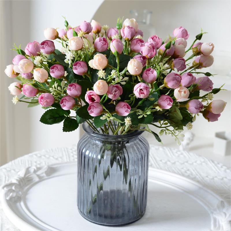 Artificial rosa azul y verde brote manojo flor artificial Home Hotel decoración de la boda flor artificial Flor de seda