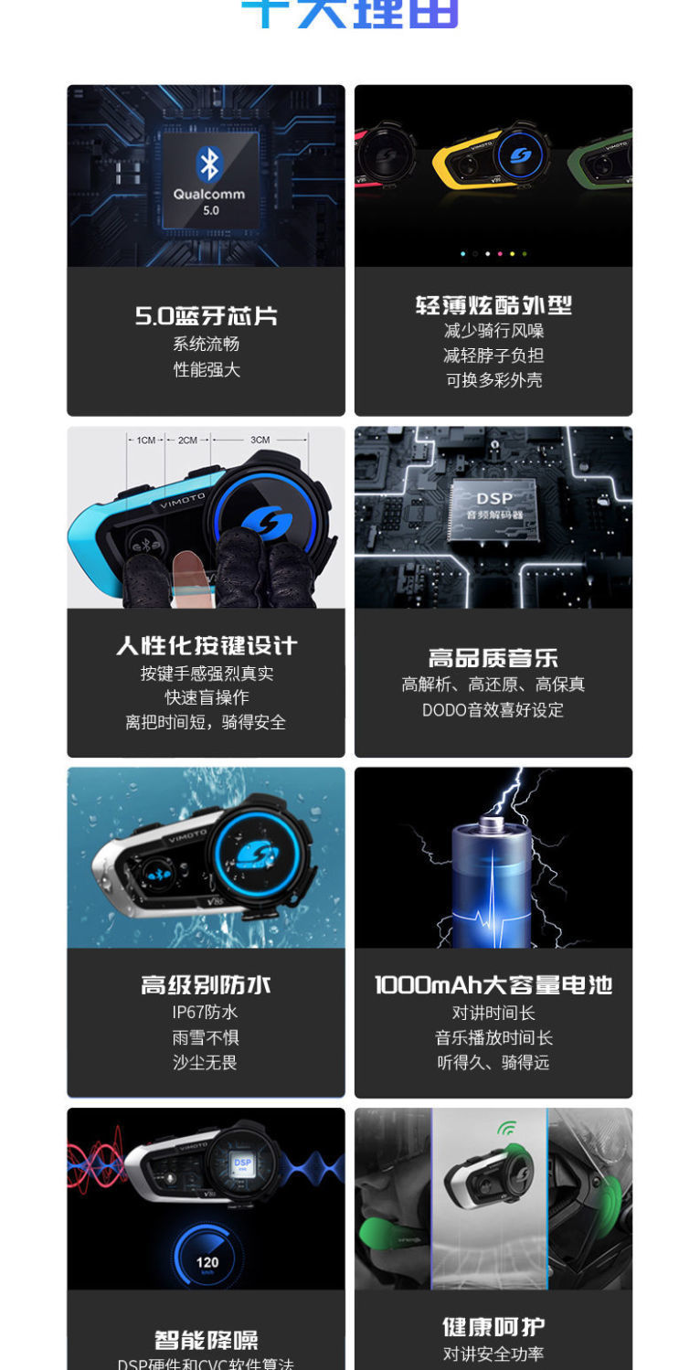 KRf Vidon Helmet Bluetooth Headset V8SV9SV9X Motorcycle Built-in Waterproof Cycling Intercom for Men and Women