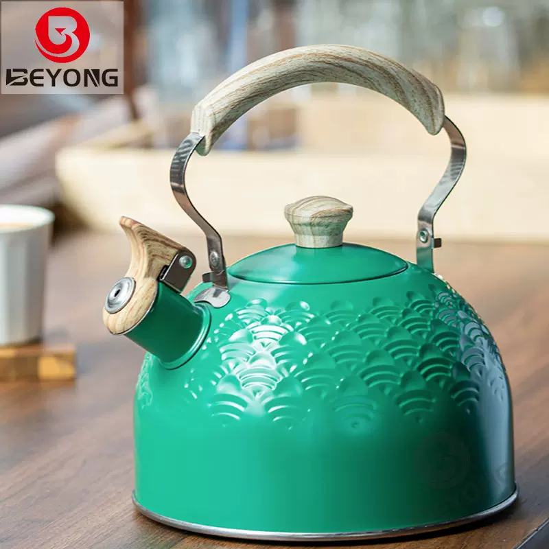 轻奢绿色祥云纹鸣笛烧水壶小红书抖音鸣音水壶厂家kettle折叠手柄