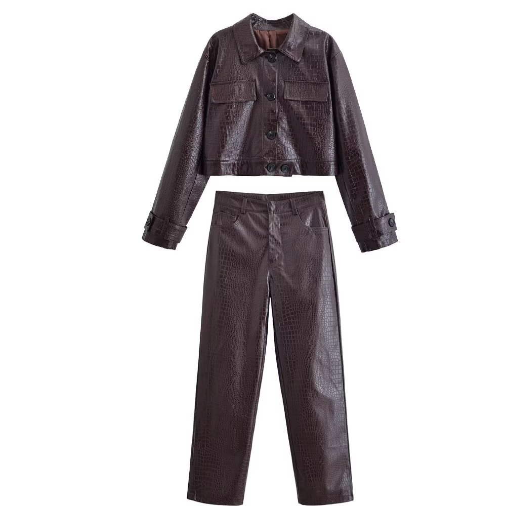 Qadın timsah naxışlı parlaq jaket və şalvar dəsti