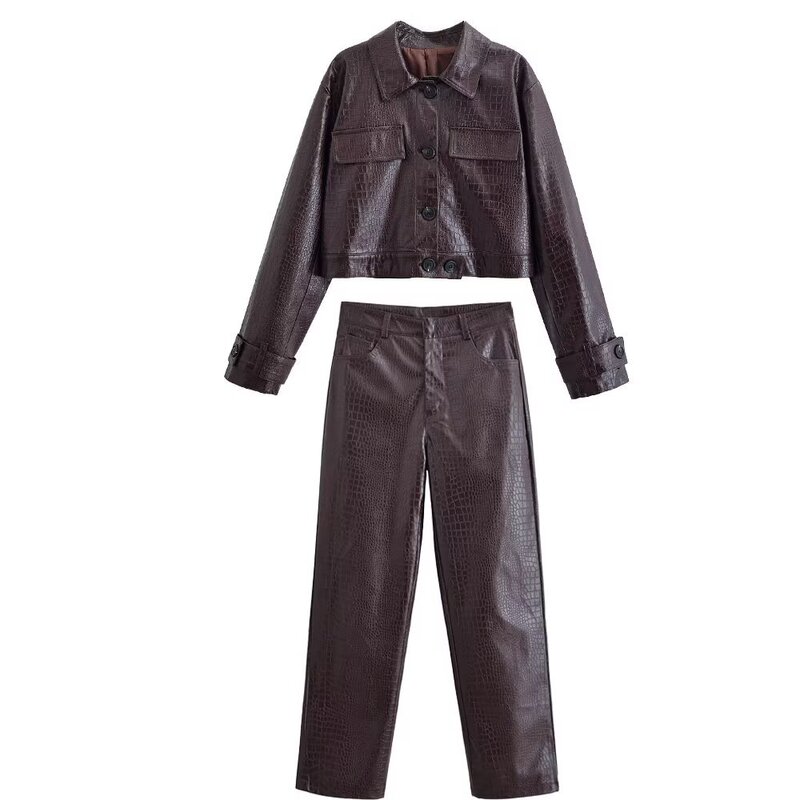 Cross-Border European and American Clothing Aliexpress Popular Early Autumn Crocodile Pattern Glossy Jacket + Pants Suit Cross-Border European and American Clothing Aliexpress Popular Early Autumn Crocodile Pattern Glossy Jacket + Pants Suit