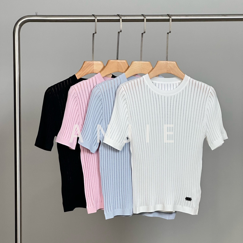 Celine's Iliite Ribbed Stretch Knit Short-Sleeve Summer Breathable Striped Hollow-Out Solid Color Round-Neck T-Shirt Top