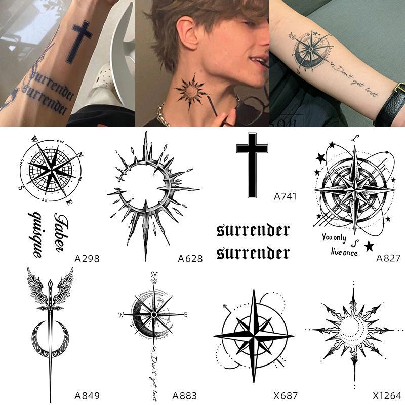 Compass Herbal Tattoo Sticker Semi-permanent Aggressive Flower Arm Wrist Cover Scar Dark Black Waterproof Lasting Tattoo for Men and Women